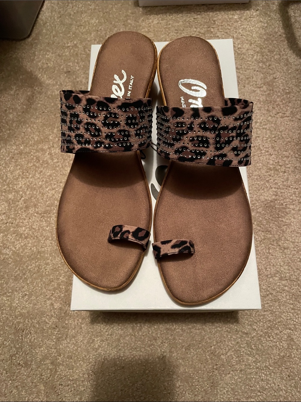 Onex Brown Leopard-Print Slide Sandals with Toe Loop NWB